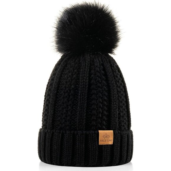 Women\'s Faux Fur Fleece Lined Black Winter Thick Knit Pom Skull Beanie Hat Cap main image 6